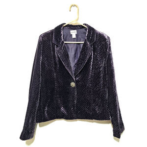CHICO’S Velvet Jacket Blazer Sz 1 (M) Purple Snap Long Sleeve Soft Stretch Knit